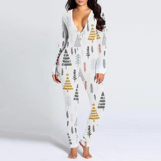 Printed Button Tight Jumpsuit For Women