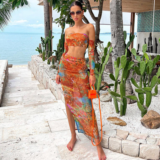 Summer New Fashion Printed Strapless Top Slim Slit Skirt Suit
