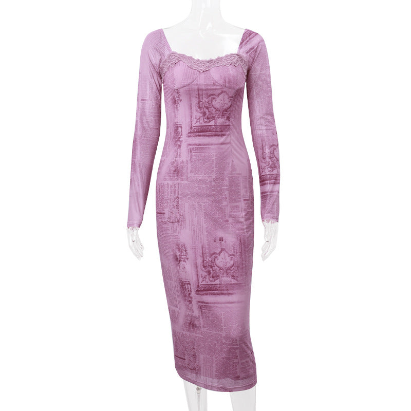 Mid Length Dresses Square Collar Retro Slim-fit Long-sleeved Dress