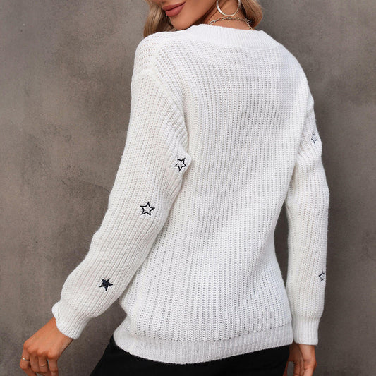 Womens Shirts New Commuter V-Neck Solid Little Star Embroidery Sweater