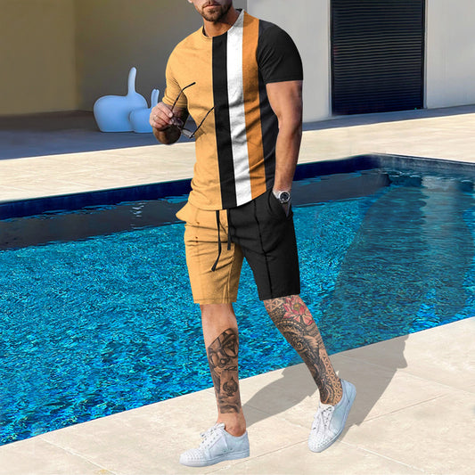 Mens Matching Shorts Sets Fashionable Colorful Striped Digital Printed Round Neck Short-sleeved Shorts Suit