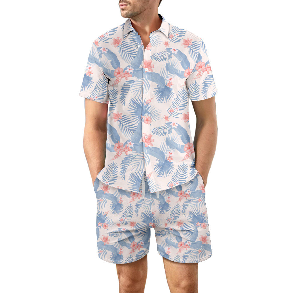 Mens Matching Shorts Sets 2Pcs Printed Beach Loose Button Top And Drawstring Pockets Shorts Casual Short Sleeve Outfit