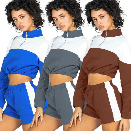 Womens Matching Short Sets Color Matching Drawstring Leisure Shorts Women's Sweater Suit Two-piece Set