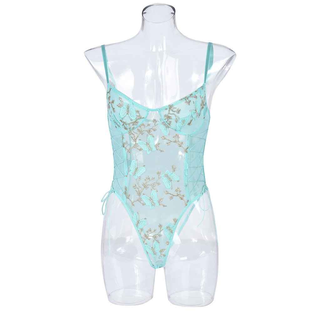 Women's Fashionable See-through Mesh Embroidery Drawstring Jumpsuit