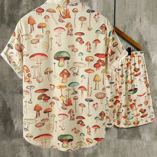 Mens Matching Shorts Sets Mushroom Print Casual Short Sleeve Sports Set