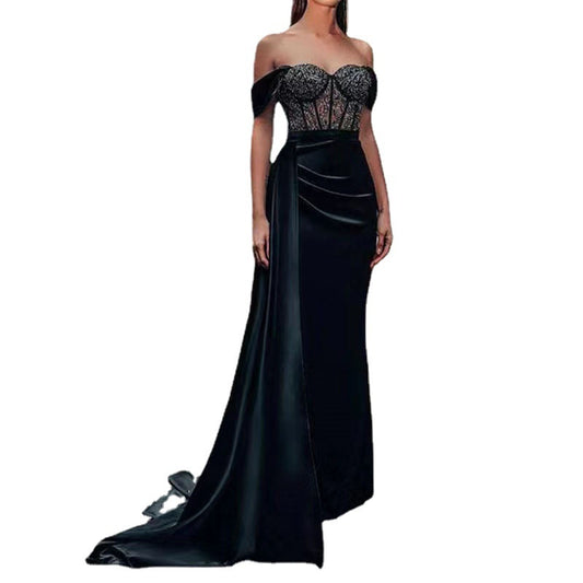 Long Dresses Tube Top Lace Off-neck Fishtail Slit Evening Dress