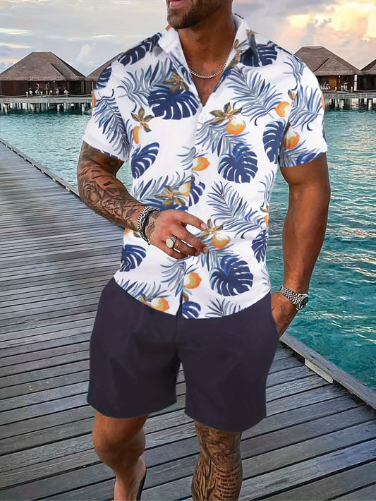 Printed Flanging Vacation Short Sleeve Shorts Shirt Outfit