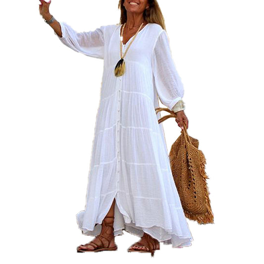 Comfy Dresses Women's V-neck Long-sleeved Cotton And Linen Dress