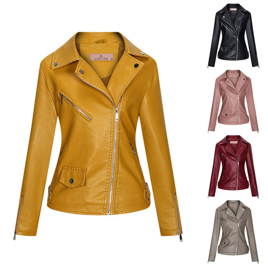 Coats & Jackets Temperament Women's Jacket PU Lapel Zipper Slim