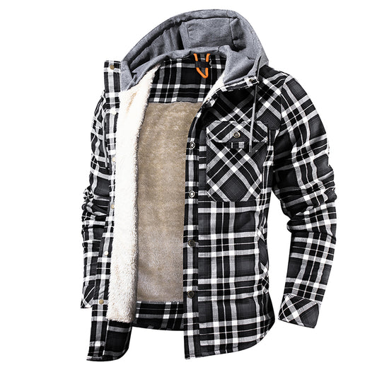 Mens Coats & Jackets Warm Jacket Fleece Lining Lumberjack Plaid Hooded Jackets Snap Button