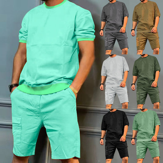 Mens Matching Shorts Sets Sports Suits Summer Round Neck Short-sleeved Top And Multi-pocket Shorts Casual Trendy 2pcs Set Clothing