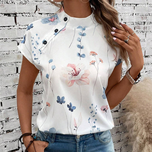 Women's Casual Stand Collar Short-sleeved Digital Printed Top T-shirt