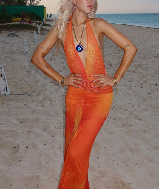 Women's Seaside Resort Style Digital Print Sexy Deep V-neck Hanging Neck Straps Backless Long Dresses