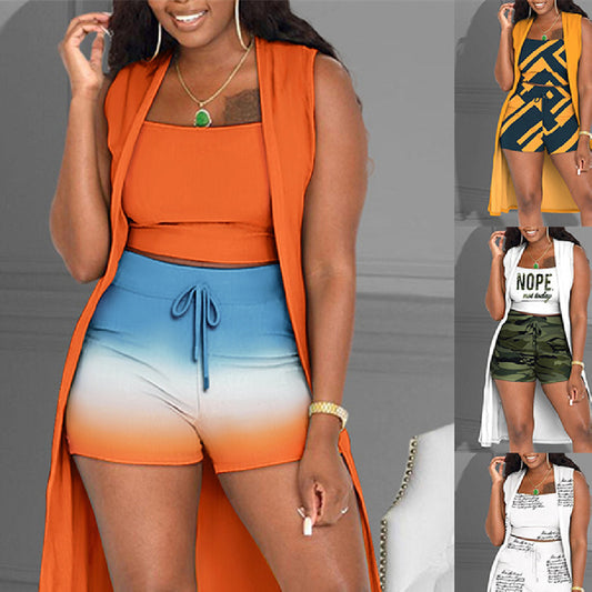 Womens Matching Shorts Sets Print Contrasting Color Coat Shorts Three-piece Set
