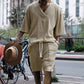 Mens Matching Shorts Sets Casual Jacquard Suits Summer V-neck Short-sleeved T-shirt And Drawstring Pocket