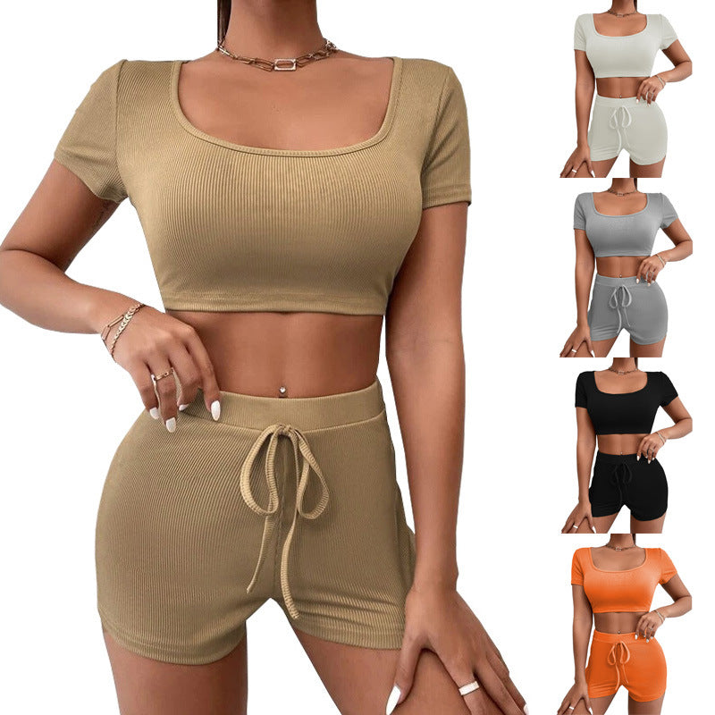 Womens Matching Short Sets Solid Color Suit Square Collar Drawstring Tight
