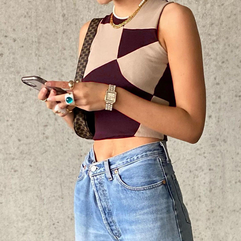 Womens Shirts Contrasting Color Stitching Sleeveless Fashion Top Women's Clothing