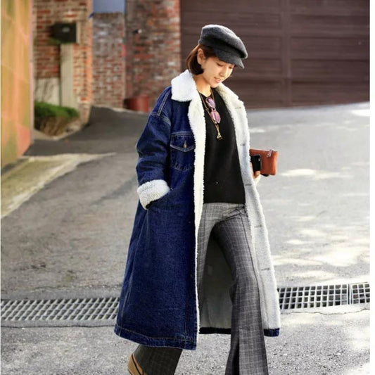 Coats & Jackets Lamb Wool Thick Denim Jacket Women Mid-length Plus Cashmere