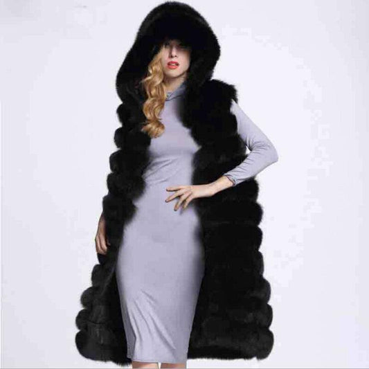 Women Long Faux Fox Fur Slim Vest