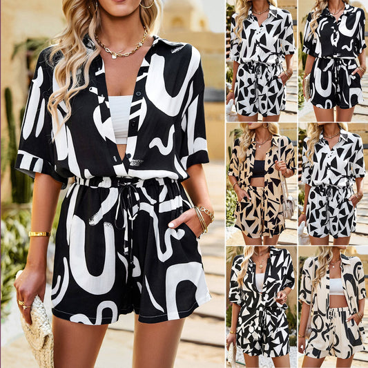 Women's Fashion Casual Printing Shirt And Shorts Suit