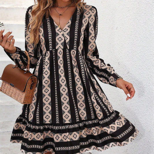 Comfy Dresses Autumn New Fashion Waist Trimming Slimming Long Sleeve Printed Dress
