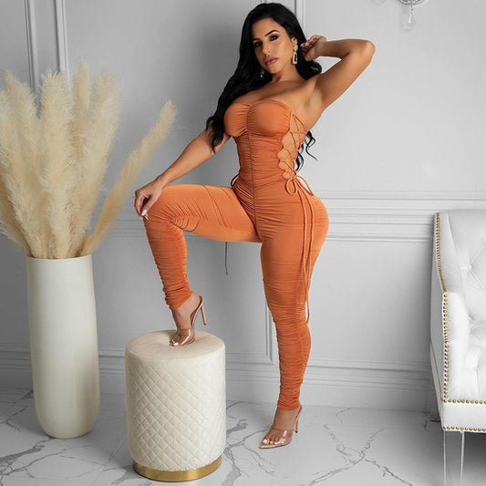 Solid Color Pleated Lace-up One-shoulder Tube Top Jumpsuit