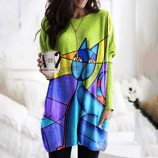 Comfy Dresses Huangshi Printed Long Sleeve Color Matching Casual Pocket T-shirt