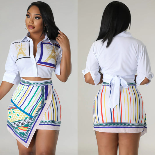 Printed Asymmetric Skirt Two-piece Suit