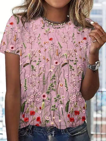 Womens Shirts European And American Loose Round Neck Short Sleeve Floral Printed T-shirt