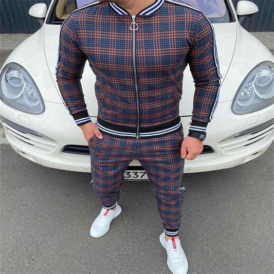 Mens Matching Pants Sets Striped Plaid Zip Jacket Coat