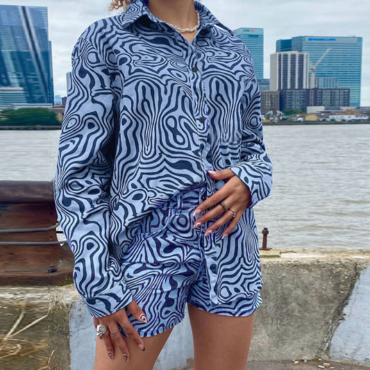Striped Slim Long-sleeved Shirt Jacket High-waist Shorts Casual Suit