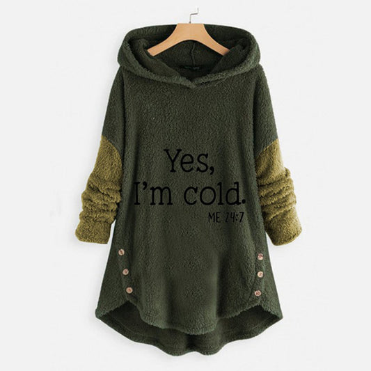 Comfy Dresses Autumn And Winter Button Plush Hooded Printing Jacket